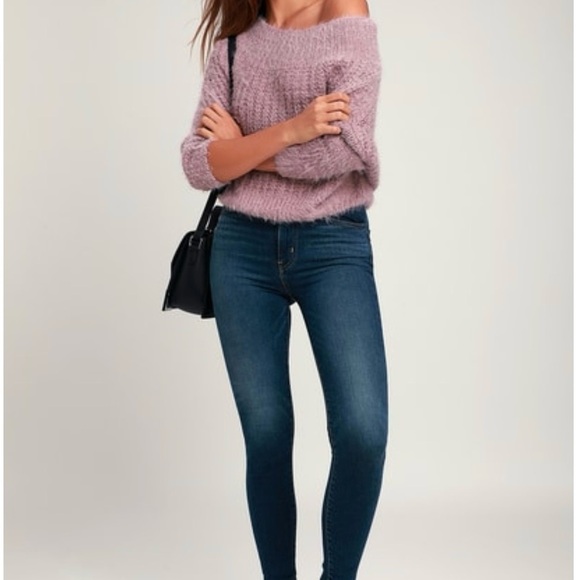 LULUS CARINO DUSTY PURPLE OFF-THE-SHOULDER FUZZY CROPPED SWEATER. SMALL/MEDIUM - Picture 3 of 4